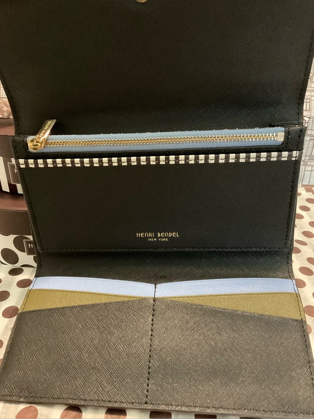 Henri Bendel West 57th Trifold Wallet Light Blue, Black and Olive w Dust Bag